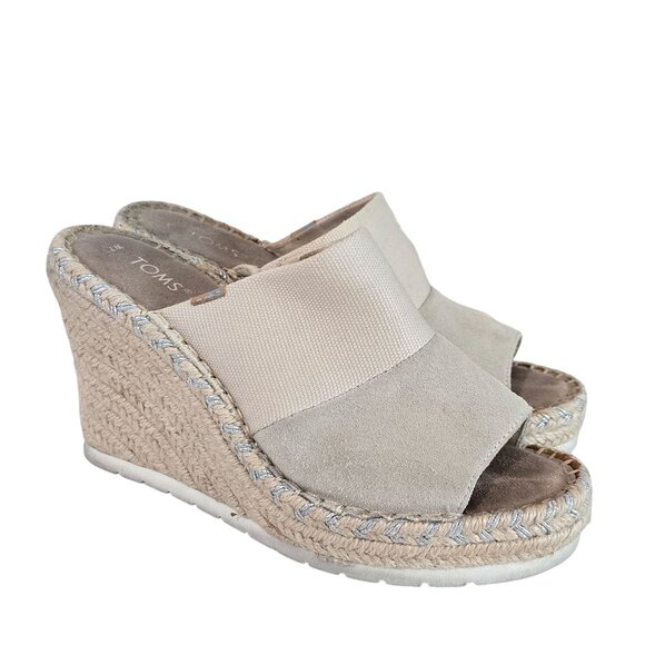 Toms Beige Wedge Espadrille Sandals Womens Size 7 Suede & Fabric Upper Peep Toe - Picture 2 of 13